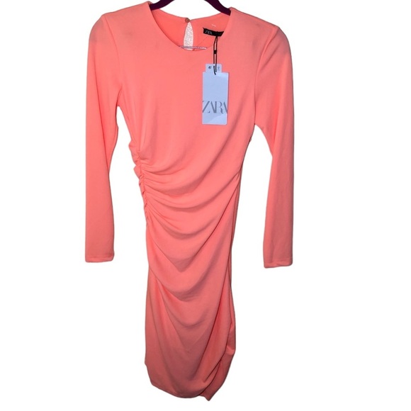 Zara Mini Draped Long Sleeve Dress Neon Orange Size XS - Picture 2 of 9